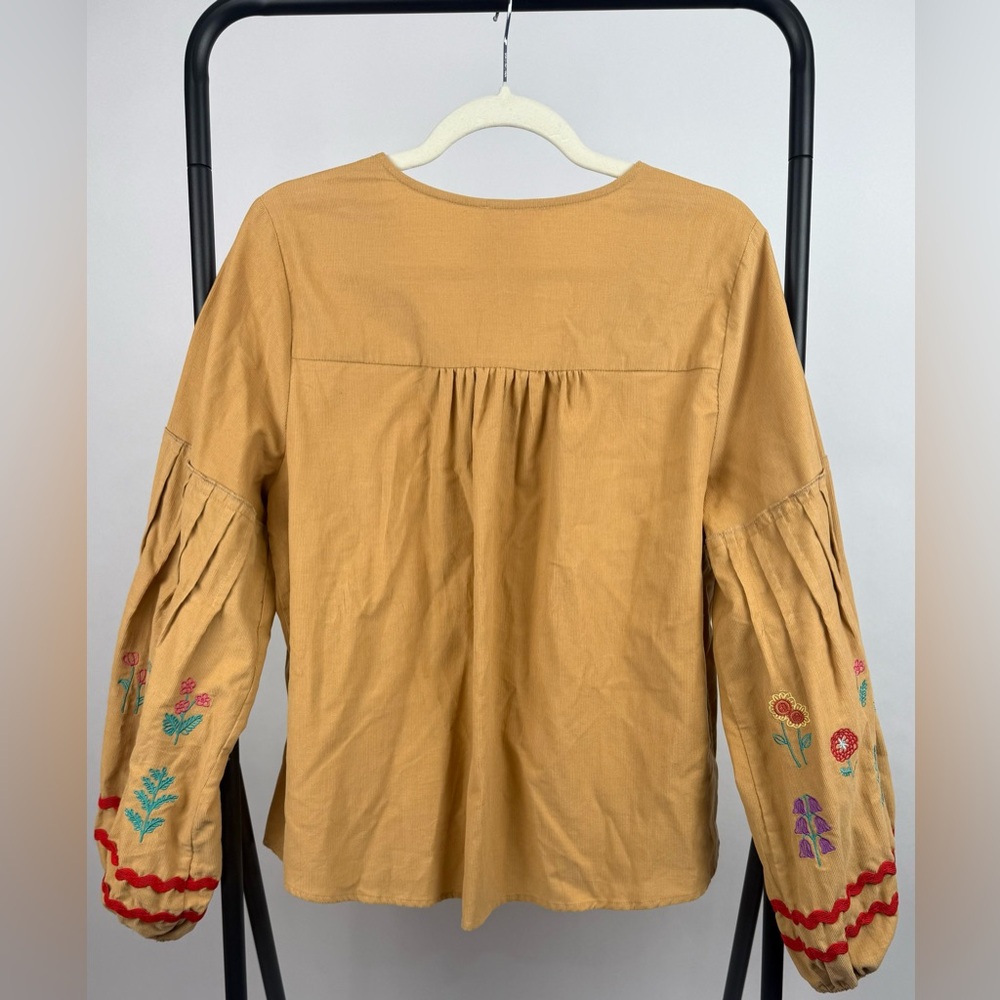 Easel Corduroy Boho Top Camel Tan Floral Embroidered Balloon Sleeve NWT S - Picture 3 of 5